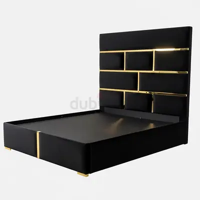 Black Leather Bed Frame with Padded Gold-Trim Headboard (Queen/King)