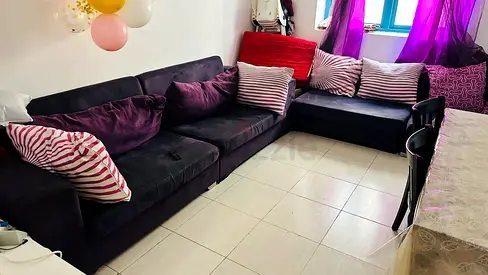 Purple L-shaped Sofa Set with matching round Center table, Cushions, Curtains and Carpet