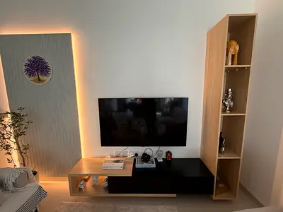 TV unit - excellent condition (shelve , storage and panel with light)