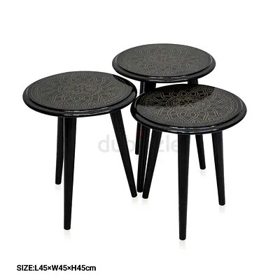 Set of 3 Black Round Wooden Side Stools / Side Tables