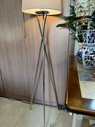 Like New 2 Tripod Lamps with Light Gray Fabric Shade.