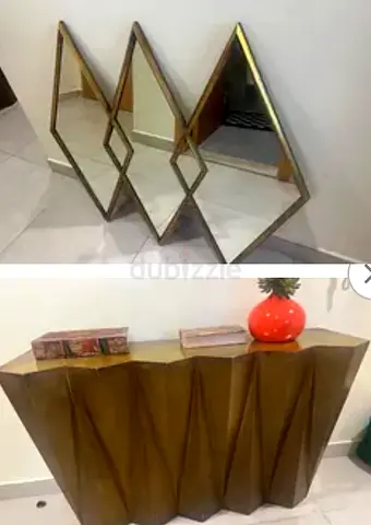 Geometric Brass Console Table with Matching Diamond Wall Mirror / The One Gallery