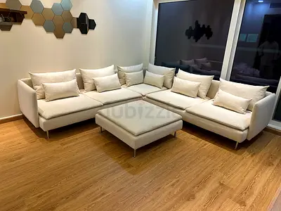 Light beige ikea soderhamn L-shaped fabric sofa with ottoman - good condition