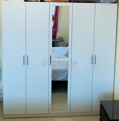 White 5-Door Wardrobe with Central Mirror - Good Condition