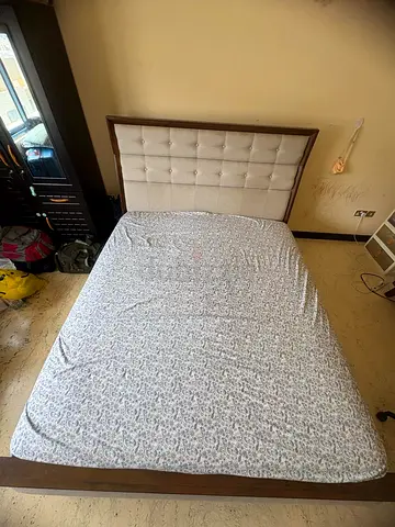 King wooden bed frame with upholstered headboard - used