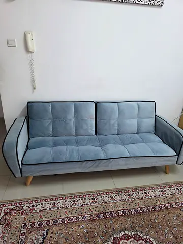 Modern Light Blue Sofa Bed with Dark Piping and Sofa Cover dark blue