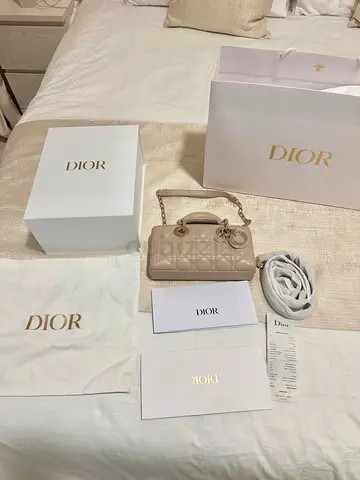 AUTHENTIC! Lady Dior D Joy  - Small Handbag with original Receipt,  Beige calf Leather