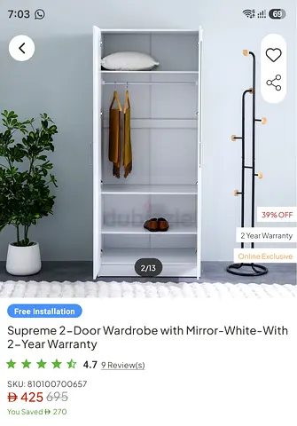 White 2-Door Wardrobe with Shelves and Hanging Rail
