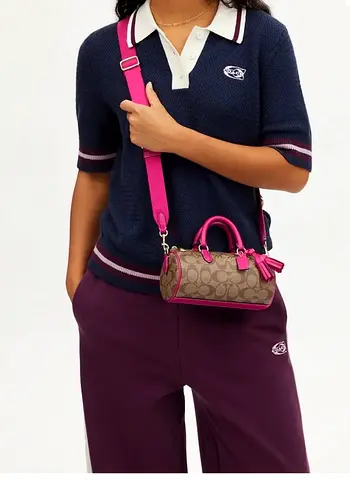Coach Lacey Khaki/Cerise Signature Canvas Mini Bag with Pink Trim - Good Condition