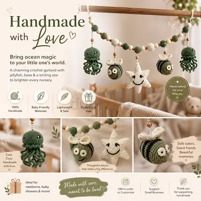Handmade Crochet Nursery Garland with Jellyfish and Bees