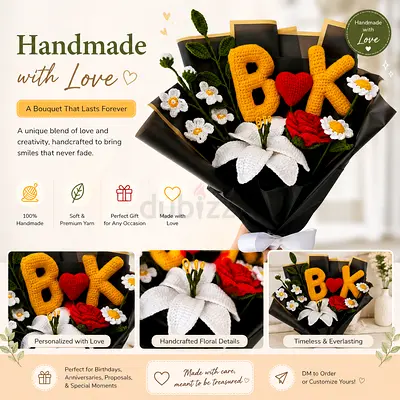 Handmade Crochet Flower Bouquet with Initials BK (initial can customize)