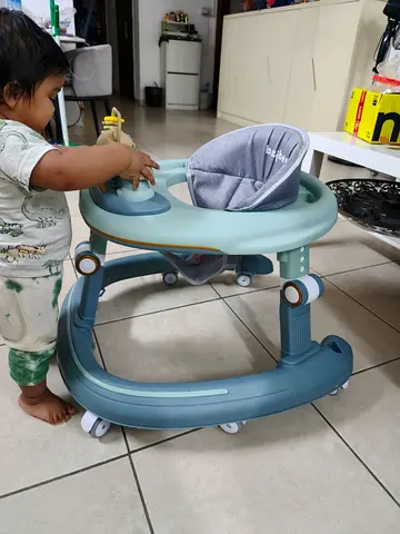 Collapsible Baby Walker with Padded Seat — Light Blue/Gray, Good Condition