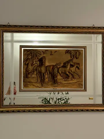 Framed carved horse relief wall art with ornate frame