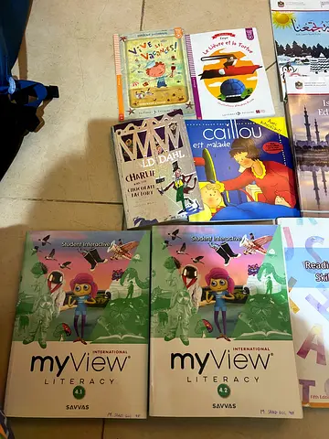 Collection of school textbooks and childrens books including MyView Literacy series