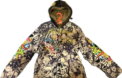 Rare Vintage Ed Hardy Graphic Hoodie Faux Fur Lined