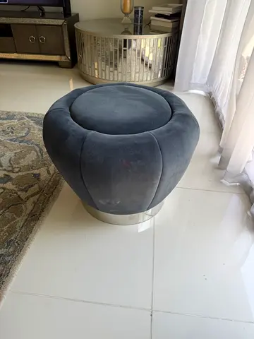 Blue/Grey Velvet 3 seater, 2 seatee and round Ottoman / Pouf with Chrome Base. From The One.