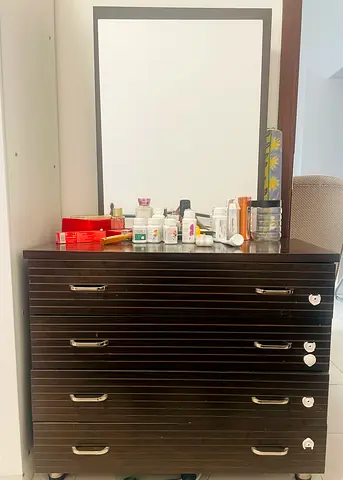 Dark Wood 4-Drawer Dresser with Mirror — Good Condition