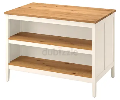 Wooden Kitchen island storage side table with open shelves - white and oak finish size 126x77cm