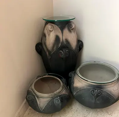 Set of 3 Decorative Planters / Pedestals with Glass Tops