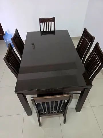 6 Seater Dark Wood Dining Set with Glass Top