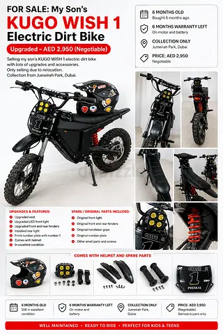 KUGOO WISH 01 Electric Dirt Bike | Upgraded | Helmet Included | AED 2,950