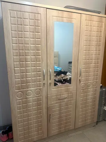 3-Door Wooden Wardrobe with Mirror - Light Oak Finish