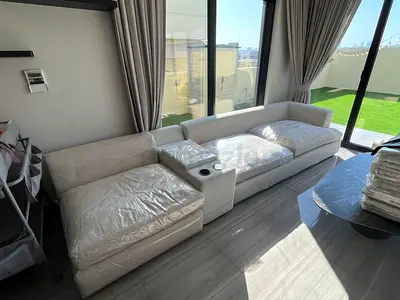 Large L-shaped White Fabric Sofa with Cup Holder