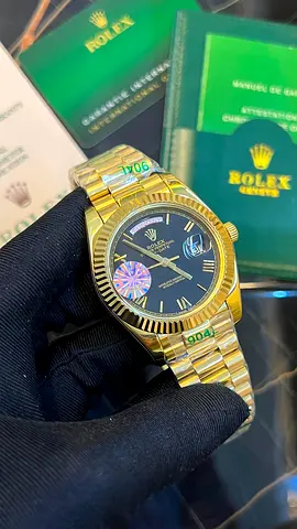 Rolex Day-Date style gold watch with black dial