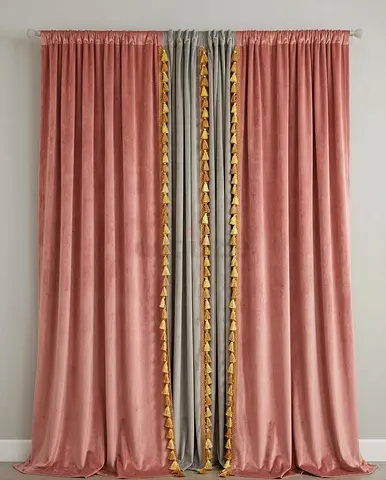 Pair of Pink Velvet Curtains with Tassel Trim