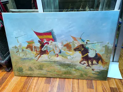 Oil Painting of Arabian Horsemen Charging with Flags 92*62cm
