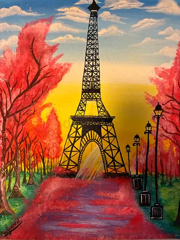 Hand-painted Eiffel Tower landscape acrylic on canvas