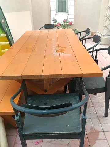 Solid Wooden Outdoor Dining Table with Bench and 5 Chairs — Good Condition