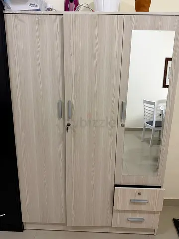 Modern Light Wood Finish Wardrobe with Mirror and Drawers