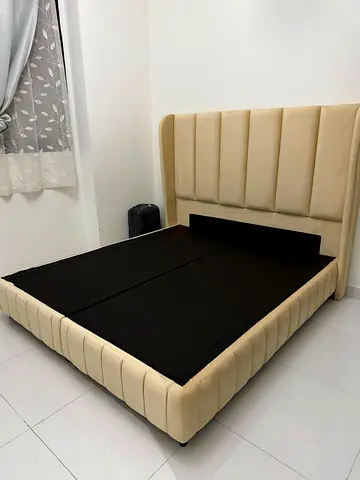 Beige Upholstered Double Bed Frame with Padded Headboard (Top Condition)