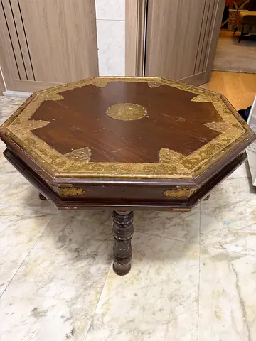 Antique Octagonal Wooden Coffee Table with Brass Inlay