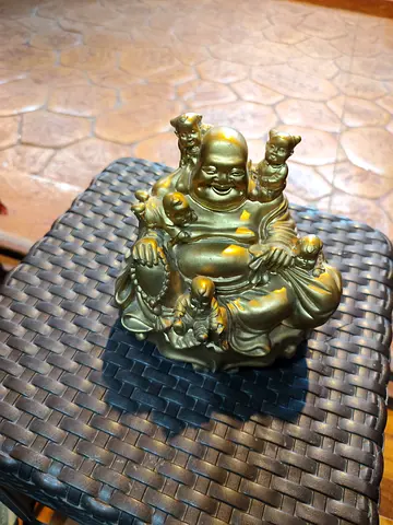 Brass Laughing Buddha Figurine with Children - Small Decorative Statue 15cm tall