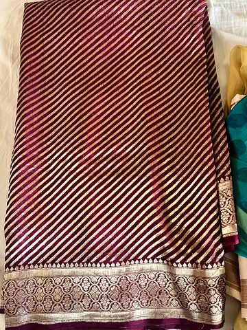 Vintage Maroon and Gold Striped Silk Sari with Brocade Border