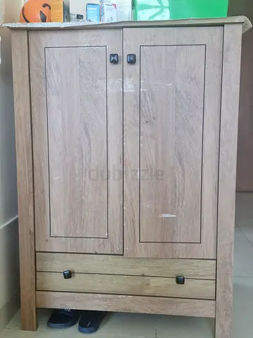 Compact two-door wooden shoe cabinet with drawer – good condition