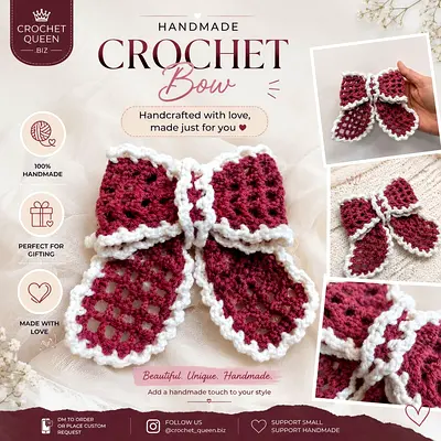 Handmade Crochet Bow in Burgundy and White