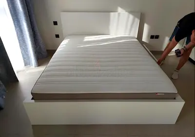 White platform double bed frame with mattress - good condition