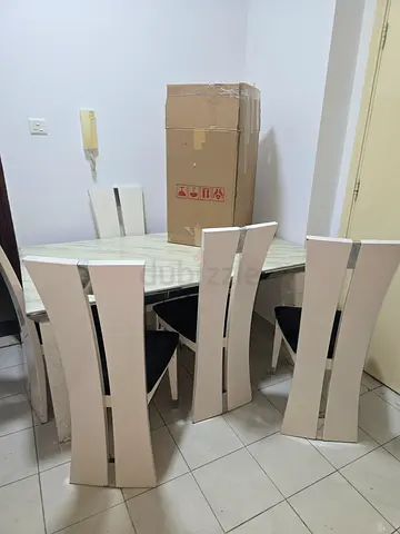 White Marble-Top Dining Table with 6 High-Back Chairs - Good Condition
