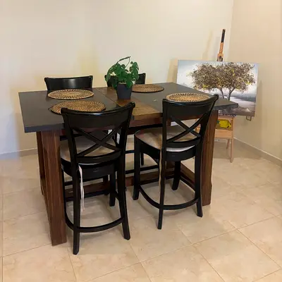Crate and barrel Wood  Marble High Dining Table with 4 Chairs - Dark Finish