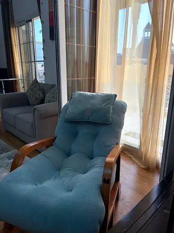 Light teal reclining lounge chair with wooden frame — flawless condition