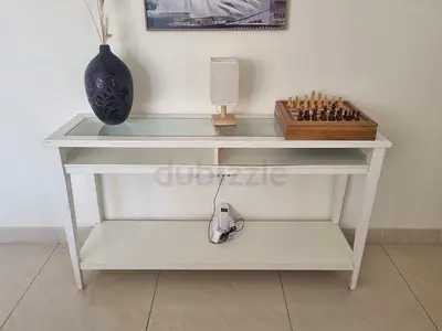 White Console Table with Glass Top and Lower Shelf - Good Condition