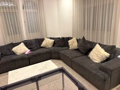 Large Dark Grey L-Shaped Corner Sofa with Cushions - Comfortable Family Size