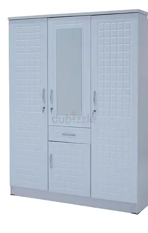 Modern White Three Door Wardrobe with Mirror and Lock