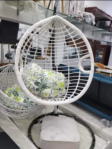 White Rattan Hanging Egg Chair with Stand and Cushion