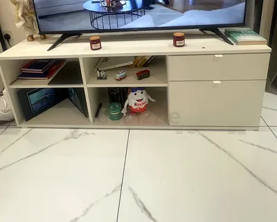 White Low TV Entertainment Unit with Open Shelves and Drawers