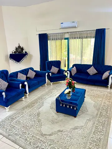 blue velvet sofa set with curtains,carpet and center table -Excellent condition