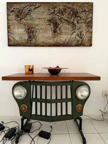 Unique Vintage Car Front Console Table with Wall Map Art